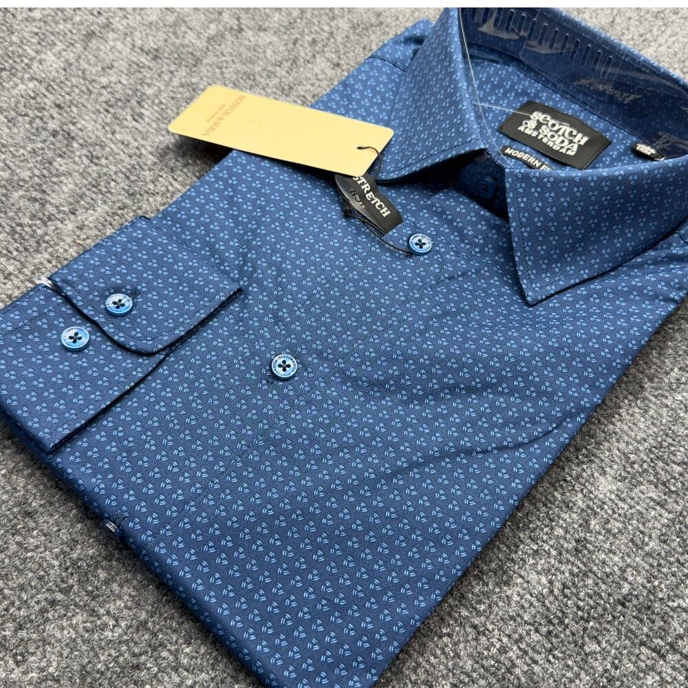 Scotch & Soda Dress Shirt Mens 16 Blue Print Modern Fit Stretch NWT NEW